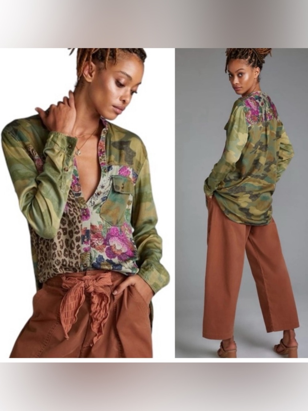 Pilcro Mixed-Print Camo & Floral Button-Down Shirt in Olive and Pink